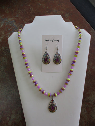 Silver Purple, Multi color Glass Beads Multi color Tear Drop Pendant Necklace Earrings (NE510)