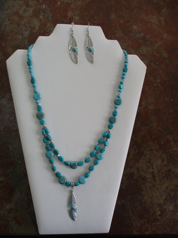 Double Row Glass Turquoise Beads Feather Pendant Necklace Earring Set (NE528)