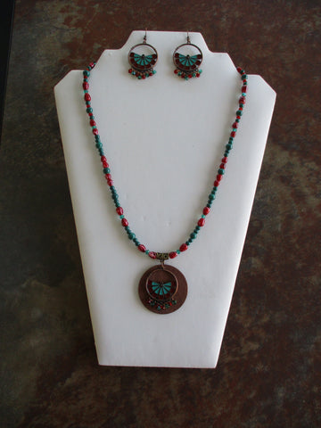 Green Red Class Beads Bronze Pendant Medallion Necklace Earrings Set (NE532)