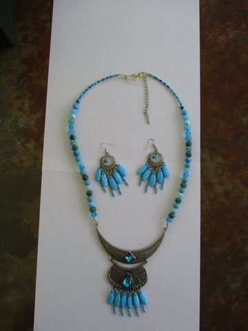 Blue Chain Glass Beads Silver Pendants Necklace Earring Set (NE535)