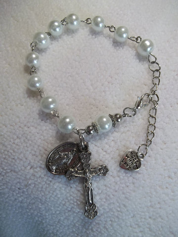 Silver White Pearls Bracelet Rosary (R105)