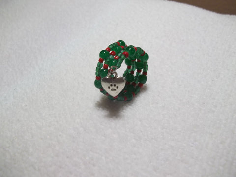 Memory Wire Green Red Glass Beads Silver Paw Ring (R10)