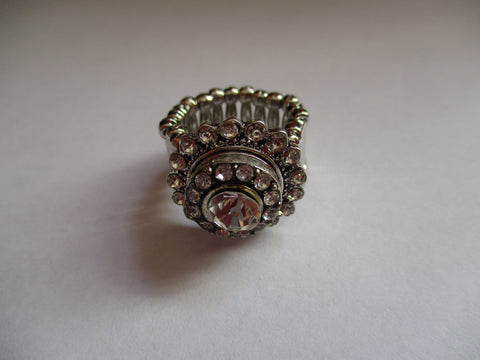 Silver Diamond Bling Snap Button Stretch Ring (R14)
