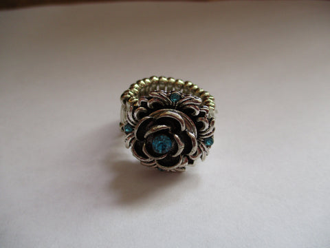 Silver Rose Blue Bling Stretch Snap Button Ring (R19)