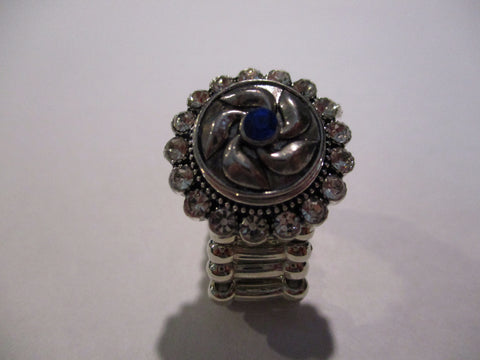 Silver Diamond Bling Blue Bling Snap Button Stretch Ring (R23)