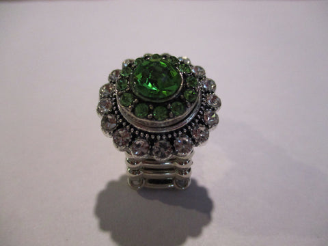 Silver Diamond Bling Green Snap Button Stretch Ring (R24)