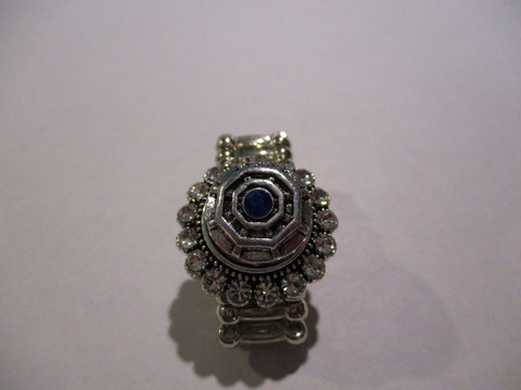 Silver Diamond Bling Small Blue Snap Button Stretch Ring (R30)
