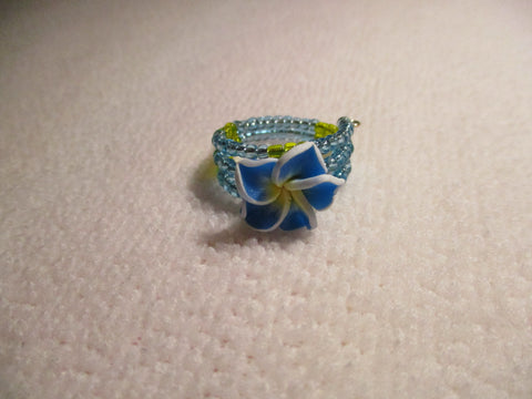 Memory Wire Blue Yellow Glass Seed Beads Blue Plumeria Flower Ring (R33)