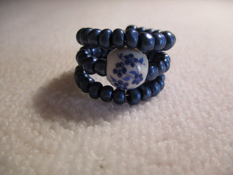 Memory Wire Blue Glass Seed Beads Blue Flower Glass Bead Ring (R40)